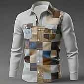 voordelige Geometrisch patroon-Voor heren Geometrisch Kleurenblok Lapwerk Overhemd Overhemd met knopen Lange mouw Mode-casual Buiten Dagelijks gebruik Lente Herfst Strijkijzer Twee zakken aan de voorkant Linnenachtig shirt blauw