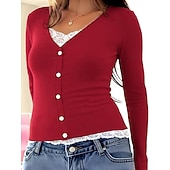 baratos Camiseta lisa-Mulheres Blusa Renda Patchwork Botões Côr Sólida Elegante à moda Casual Manga Longa Decote V Tops regulares Diário Preto Rosa Vermelho Marron Verde Primavera Outono Inverno