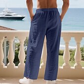 cheap Holiday-Men's Linen Pants Trousers Summer Pants Baggy Pants Beach Pants Drawstring Elastic Waist Solid Color Comfort Breathable Daily Outdoor Beach Vacation Fashion Light Khaki Black Inelastic