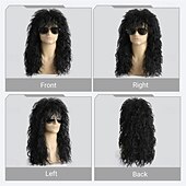 voordelige Historische pruiken-Herenpruik uit de jaren 80, lange zwarte krullende mulletpruik, herenkostuum, heavy metal rocker voor verkleedfeestjes en cosplay.