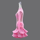 halpa kilpailumekko-latinalainen salsatanssipuku kristallilla / strassilla koristeltu naisten juhlaesitys pitkähihainen rumba chacha -lavakilpailuasu