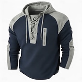 cheap Waffle Knit Tee-Men's Waffle T-shirt T Shirt Waffle Henley Shirt Long Sleeve Hooded Lace Up Neck Fall Solid Color Textured Traditional / Vintage Drawstring Casual Home Outdoor Light Blue Wine Black Top Tee for Men