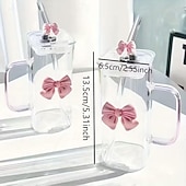 Недорогие Стаканы, чашки, бокалы-400 мл  14 унций стеклянная кружка с трубочкой и ручкой термостойкий прозрачный розовый дизайн с бантом многоразовая бутылка для воды для дома офиса поездок подарков ко Дню святого Валентина и