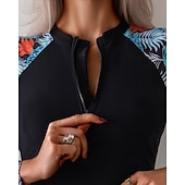 ieftine Tankini și bikini pentru surfing-Pentru femei Bariere Iritatie Costum de baie din 2 piese Costume de Baie Floral Costume de Baie Negru UPF 50+ Manșon Lung - Surfing Plajă Înot Vară
