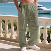cheap Holiday-Men's Linen Pants Trousers Summer Pants Baggy Pants Beach Pants Drawstring Elastic Waist Solid Color Comfort Breathable Daily Outdoor Beach Vacation Fashion Light Khaki Black Inelastic
