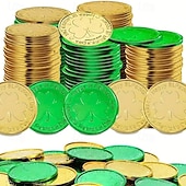 abordables Día de San Patricio-100 monedas de oro para el Día de San Patricio, monedas de la suerte de oro y verde, monedas de duende de trébol de plástico, moneda de trébol de 3 hojas para decoración de fiestas.