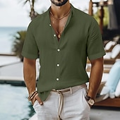 voordelige Vakantie-Voor heren Linnen overhemd Zomer overhemd Strand Kleding Overhemd met knopen Effen Casual Vakantie Zwart Wit Lichtgroen Blozend Roze Korte mouw Strijkijzer Zomer Kleding