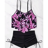 tanie Tankini i bikini do surfingu-Damskie Strój kąpielowy Tankini 2-częściowa Tropikalny Ultra lekki (UL) Elastyczny Bez rękawów Kąpielówki Surfing Nurkowanie z rurką Lato