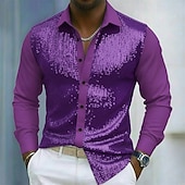 billiga herrskjorta med knäppning-Herr Skjorta Sommarskjorta Casual skjorta Strandskjorta Knapp upp skjorta Blå Purpur Långärmad Ensfärgat Kavajslag Dagligen Semester Paljett Kläder Mode Ledigt Bekväm