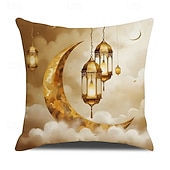 cheap Throw Pillows,Inserts &amp; Covers-Ramadan Eid Throw Pillow Cover, Gold Crescent Moon &amp; Oil Lamp Print, Ethnic Festival Decor, Sofa Cushion for Living Room and Prayer Room, Holiday Accent Pillow