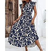 economico Abiti Floreali Stampati-Per donna Abito Midi Abito Floreale Abito Stampato Moda Moderno All'aperto Vacanza Uscire Vestibilità comoda Floreale Senza Maniche Collo alla coreana Arancione Marrone Verde Blu scuro Estate