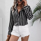 economico Bluse a righe e geometriche-Per donna Top estivi Blusa Top Eleganti Arricciato Patchwork Bottoni Grafico Semplice A righe Elegante Vintage Signore Manica Lunga Colletto a Camicia Top Regolari Quotidiano Lavoro Ferie Blu Nero