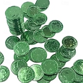 tanie Dzień Świętego Patryka-Złote monety na dzień św. Patryka - 100/200 sztuk złotych zielonych monet na szczęście, plastikowe monety koniczyna skrzat, moneta z 3-listną koniczyną do dekoracji i upominków na imprezę