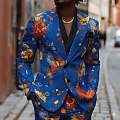 お買い得  メンズプリントブレザー-男性用 カラーブロック ブレザージャケット コート ファッション 快適 高通気性 カジュアル 日常 ストリートウェア カジュアル ポケット 3Dプリント ボタン オールシーズン ノッチドラペル 長袖 ブルー ブラック ホワイト