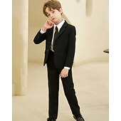 cheap Ring Bearer Suits &amp; Outfits-5 Pieces Ring Bearer Suit Boys' Kids Suit Blazer &amp; Vest &amp; Pants &amp; Shirt &amp; Tie Boy's Formal Suit Casual Outdoor Party Fashion Cool Basic Solid Color Pocket Buttons Black Navy Blue Polyester