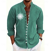abordables Chemise vintage-Homme Soleil Ethnique Culture indienne Chemise Chemise à col montant manche longue Vintage Rétro Occasionnel Vacances Printemps Automne Col mandarin Band Collar Boutonné Chemise en lin Bleu Jaune