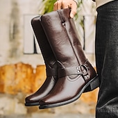 billige Bikerstøvler-Herre Støvler Cowboy Western støvler Retro Gange Fritid Daglig PU Bekvem Støvletter Tøfler Mørkebrun Gulbrun Svart Vår Høst