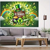 abordables Tapices de vacaciones-Fondo de tapiz festivo del día de San Patricio, diseño de trébol y sombrero de duende, decoración de pared de celebración alegre, colgante con temática irlandesa para el día de San Patricio.