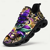 cheap Men's Shoes-Men's Mardi Gras Purple and Green Carnival Slip-On Shoes with Feather Mask Pattern – Comfortable and Stylish Footwear for Carnival, Parades and Festivals
