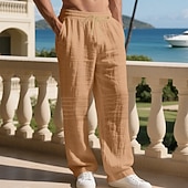 cheap Holiday-Men's Linen Pants Trousers Summer Pants Baggy Pants Beach Pants Drawstring Elastic Waist Solid Color Comfort Breathable Daily Outdoor Beach Vacation Fashion Light Khaki Black Inelastic