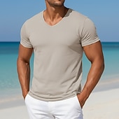 baratos Camisetas de Algodão e Linho-Homens Camiseta Camisas antiumidade Manga Curta Decote V Verão Primavera Tecido Esportes Básico Casual Estilo Clássico Puro Casual Branco Azul Claro Preto Top Tee para Homens