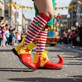 abordables Zapatos de hombre-Zapatos de payaso a rayas de Mardi Gras para hombres rojos y amarillos punta puntiaguda con tacón curvado divertido ajuste cómodo perfectos para carnaval y disfraces de payaso