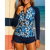 Χαμηλού Κόστους Surfing Tankinis και Bikinis-Γυναικεία Προστατευτικά Μαγιό 2 τεμάχια Εκτυπωμένο Κουμπώσου Ρυτιδωμένη πλευρά Προστασία UV Ελαστικό Μακρυμάνικο Μαγιό Σέρφινγκ Παραλία Κολύμβηση Καλοκαίρι