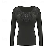 baratos Camiseta lisa-Valentine's Day Women's Blouse Tight Tops Sequin Tops Glitter Mesh Solid Color Stylish Sexy Casual Long Sleeve Crew Neck Regular Tops Daily Holiday Going out Black Spring Fall