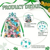  50 sztuk torebek prezentowych na Dzień Świętego Patryka, zielone torebki organzowe z wzorem koniczyny i liści na biżuterię, upominki na przyjęcia, dwa rozmiary 3,9 x 5,9 cala &5x7 cali