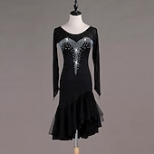 cheap Competition Dress-Women's Black Rhinestone Latin Dance Dress - Long Sleeve Mesh Ruffled Asymmetrical Ballroom Performance Dress