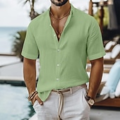 voordelige Vakantie-Voor heren Linnen overhemd Zomer overhemd Strand Kleding Overhemd met knopen Effen Casual Vakantie Zwart Wit Lichtgroen Blozend Roze Korte mouw Strijkijzer Zomer Kleding
