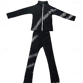 abordables Ropa de Entrenamiento de Patinaje Artístico-Chaqueta de patinaje artístico con pantalones para mujer y niña, ropa de patinaje sobre hielo, elástica, negra, para entrenamiento, competición, térmica, cálida, con cristales y diamantes de