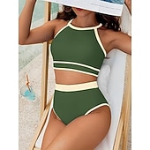 levne Sady bikin-Dámské bikini dvoudílné plavky barevné bloky slipové štíhlé bez zad dovolená plážové oblečení pruhovaný halterneck bez rukávů