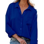 baratos Blusas Simples-Mulheres Blusa Botões Côr Sólida Elegante Diário à moda Manga Longa Colarinho de Camisa Tops regulares Diário Azul Preto Branco Vinho Bege Verão Outono