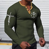 tanie Religijny-Męskie Graficzny Křížky Jezus Koszula Henley T-shirt waflowy Długi rękaw Druk 3D Designerskie Prosty Codzienny Sporty na świeżym powietrzu Święto Festiwal Wiosna i jesień Czarny Biały Brązowy Zielony