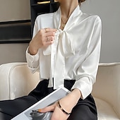 Недорогие Нарядные блузки-Жен. Рубашка Elegant Атласный верх Шелковая рубашка Пуговицы Сплошной цвет Элегантный стиль Стиль Длинный рукав V-образный вырез Обычные топы Повседневные Офис Праздники