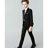 cheap Ring Bearer Suits &amp; Outfits-5 Pieces Ring Bearer Suit Boys' Kids Suit Blazer &amp; Vest &amp; Pants &amp; Shirt &amp; Tie Boy's Formal Suit Casual Outdoor Party Fashion Cool Basic Solid Color Pocket Buttons Black Navy Blue Polyester