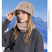 abordables chauffage et refroidissement-Ensemble bonnet et cache-cou en maille pour femme, bonnet thermique doublé polaire avec visière et protection des oreilles, ensemble bonnet et écharpe chauds en maille pour les voyages de ski et