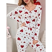 preiswerte Valentinstag Schlaf &amp; Lounge-Damen Schlafanzug Set Lässig Komfort Herz Elastischer Bund Hose Täglich Heim Langarm Quadrathals Blau Schwarz Rosa Rote Purpur Sommer Frühling Normale Passform