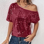 preiswerte Schicke Blusen-Damen Sommeroberteile Bluse Elegante Oberteile Pailletten-Oberteile Gerafft Pailletten Patchwork Einfarbig Einfach Elegant Vintage Damen Kurzarm Schulterfrei Normale Oberteile Täglich Arbeit Ausgehen