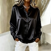 ieftine Bluze elegante-Pentru femei Cămașă Elegant Top din satin Bluză Zdrobit Peteci Nasturi Culoare solidă Simplu Elegant Epocă femei Manșon Lung Guler Cămașă Topuri obișnuite Zilnic Muncă Concediu Negru Alb Șampaniu