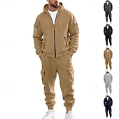 baratos Basic Tracksuits-Men's Hoodie Tracksuit Hoodie &amp; Pants Set Hoodie Daily Outdoor Vacation Daily Wear Drawstring Zip Up Plain Black Navy Blue Khaki Activewear Sports Fashion Fall