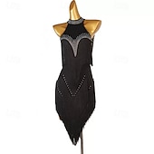 Χαμηλού Κόστους αγωνιστικό φόρεμα-Κομψό μαύρο γυναικείο φόρεμα λάτιν χορού - ψεύτικο ντεκολτέ με τιράντες και λεπτομέρειες από στρας, κρόσσια &amp;ασύμμετρο στρίφωμα rumba salsa cha-cha φόρεμα