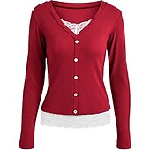 baratos Camiseta lisa-Mulheres Blusa Renda Patchwork Botões Côr Sólida Elegante à moda Casual Manga Longa Decote V Tops regulares Diário Preto Rosa Vermelho Marron Verde Primavera Outono Inverno