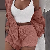 cheap Women's Loungewear-Women's Hooded Pajama Sets 3 Pieces Fluffy Fleece Long Sleeves Coat Shorts Vest for Winter Gift for Valentine's Day