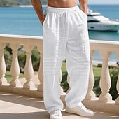 cheap Holiday-Men's Linen Pants Trousers Summer Pants Baggy Pants Beach Pants Drawstring Elastic Waist Solid Color Comfort Breathable Daily Outdoor Beach Vacation Fashion Light Khaki Black Inelastic