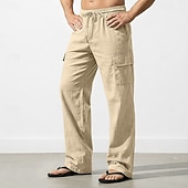 cheap Classic-Men's Cargo Pants Linen Pants Trousers Summer Pants Drawstring Elastic Waist Multi Pocket Plain Comfort Breathable Full Length Casual Daily Holiday Vacation Fashion Black White Inelastic