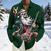 economico Vestito da Babbo Natale-Natale Per uomo Babbo Natale Chitarrista natale divertente Camicia Camicia con Bottoni Manica Lunga Divertente Ferie Primavera Autunno Collo ripiegato Stampa 3D camicie con colletto Una tasca