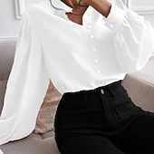 Недорогие Нарядные блузки-Жен. Рубашка Elegant Атласный верх Блуза Рюши Пэчворк Пуговицы Сплошной цвет Полотняное плетение Элегантный стиль Винтаж Повседневные Длинный рукав Рубашечный воротник Обычные топы