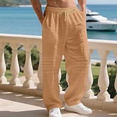 cheap Holiday-Men's Linen Pants Trousers Summer Pants Baggy Pants Beach Pants Drawstring Elastic Waist Solid Color Comfort Breathable Daily Outdoor Beach Vacation Fashion Light Khaki Black Inelastic